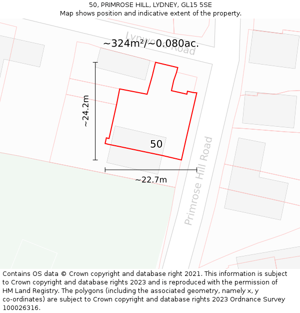 50, PRIMROSE HILL, LYDNEY, GL15 5SE: Plot and title map