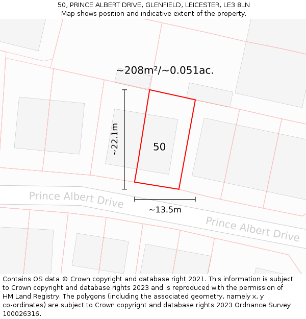 50, PRINCE ALBERT DRIVE, GLENFIELD, LEICESTER, LE3 8LN: Plot and title map