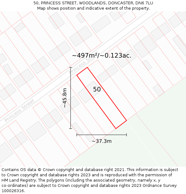 50, PRINCESS STREET, WOODLANDS, DONCASTER, DN6 7LU: Plot and title map