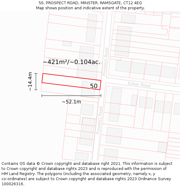 50, PROSPECT ROAD, MINSTER, RAMSGATE, CT12 4EG: Plot and title map
