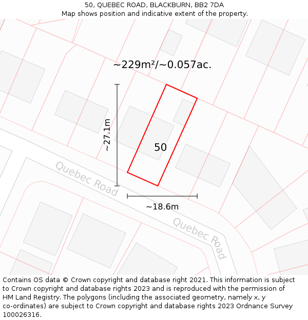 50, QUEBEC ROAD, BLACKBURN, BB2 7DA: Plot and title map