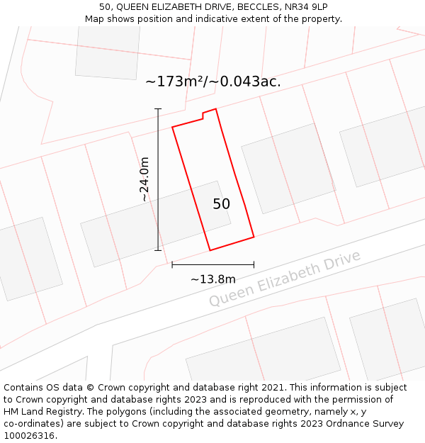 50, QUEEN ELIZABETH DRIVE, BECCLES, NR34 9LP: Plot and title map