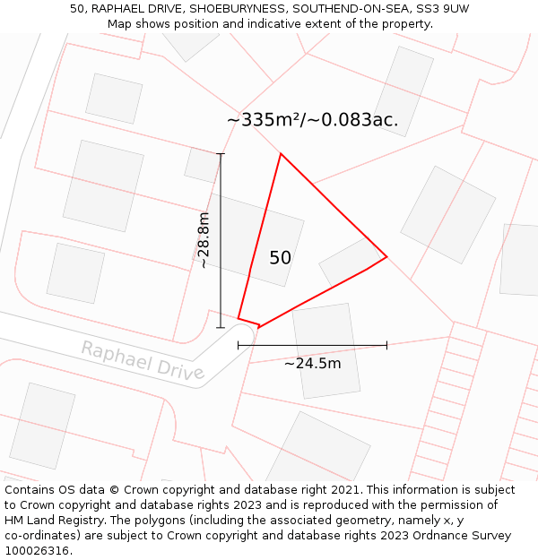 50, RAPHAEL DRIVE, SHOEBURYNESS, SOUTHEND-ON-SEA, SS3 9UW: Plot and title map