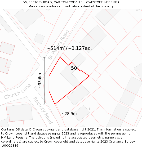 50, RECTORY ROAD, CARLTON COLVILLE, LOWESTOFT, NR33 8BA: Plot and title map