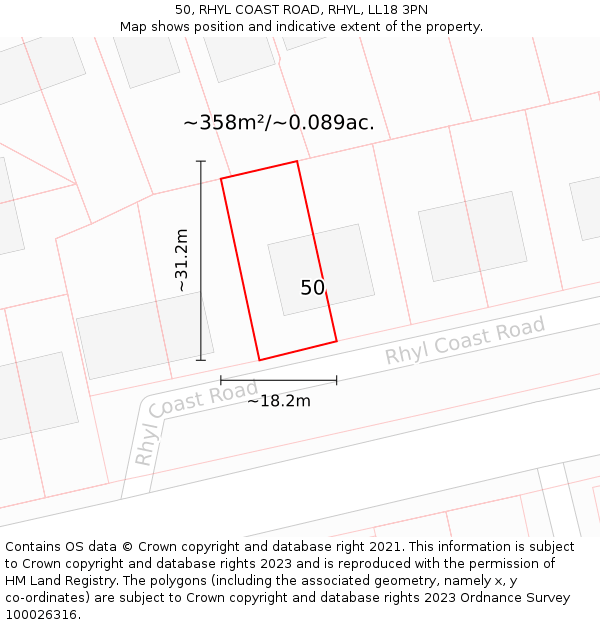 50, RHYL COAST ROAD, RHYL, LL18 3PN: Plot and title map