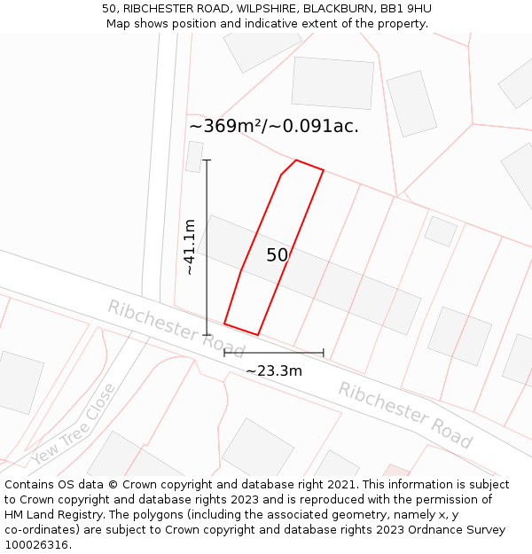 50, RIBCHESTER ROAD, WILPSHIRE, BLACKBURN, BB1 9HU: Plot and title map