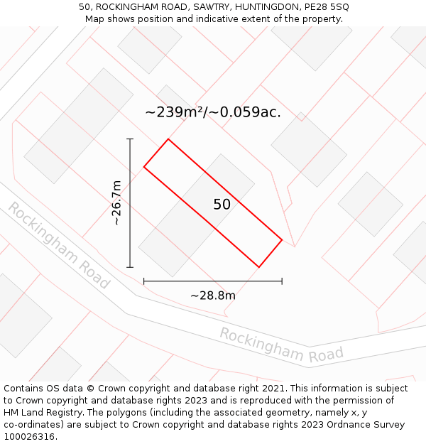 50, ROCKINGHAM ROAD, SAWTRY, HUNTINGDON, PE28 5SQ: Plot and title map