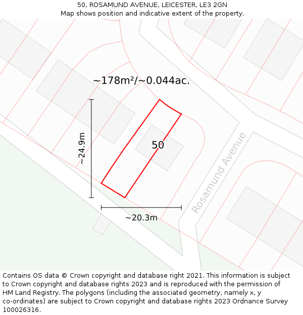 50, ROSAMUND AVENUE, LEICESTER, LE3 2GN: Plot and title map