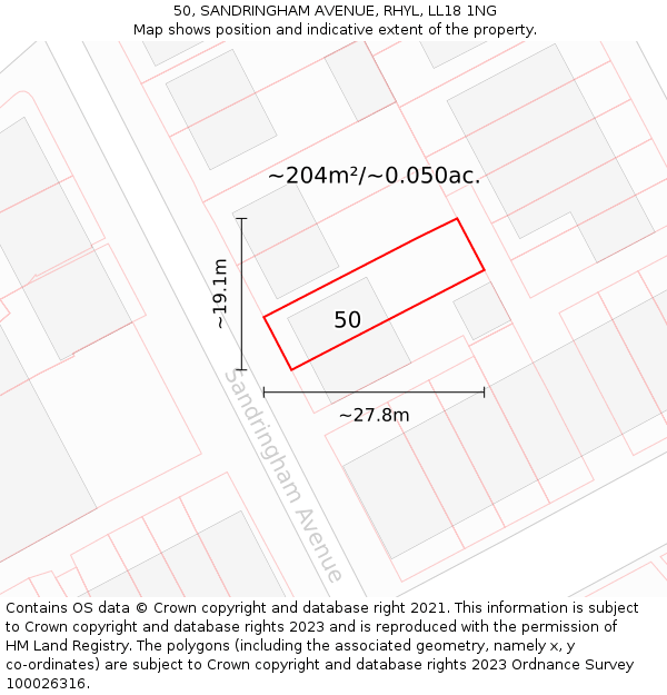 50, SANDRINGHAM AVENUE, RHYL, LL18 1NG: Plot and title map