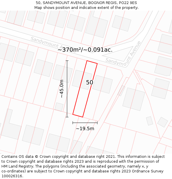 50, SANDYMOUNT AVENUE, BOGNOR REGIS, PO22 9ES: Plot and title map