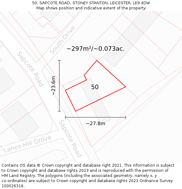 50, SAPCOTE ROAD, STONEY STANTON, LEICESTER, LE9 4DW: Plot and title map