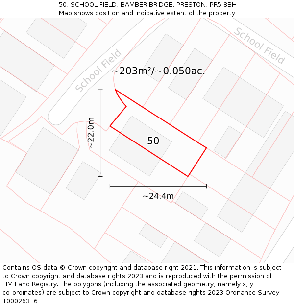 50, SCHOOL FIELD, BAMBER BRIDGE, PRESTON, PR5 8BH: Plot and title map