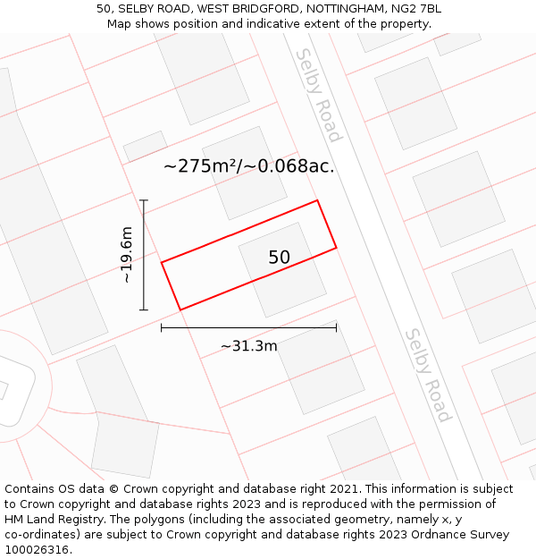 50, SELBY ROAD, WEST BRIDGFORD, NOTTINGHAM, NG2 7BL: Plot and title map