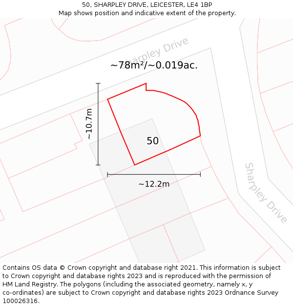 50, SHARPLEY DRIVE, LEICESTER, LE4 1BP: Plot and title map