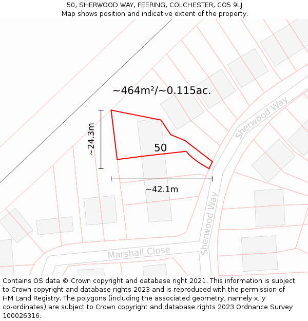 50, SHERWOOD WAY, FEERING, COLCHESTER, CO5 9LJ: Plot and title map