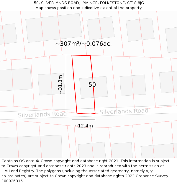 50, SILVERLANDS ROAD, LYMINGE, FOLKESTONE, CT18 8JG: Plot and title map