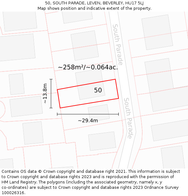 50, SOUTH PARADE, LEVEN, BEVERLEY, HU17 5LJ: Plot and title map