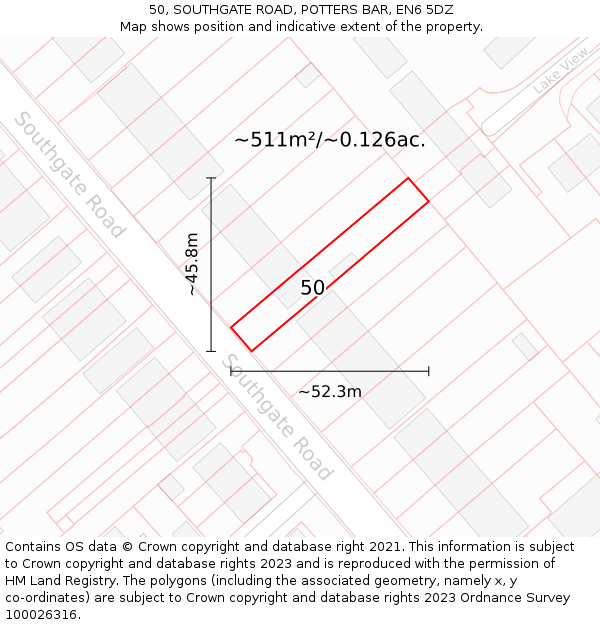 50, SOUTHGATE ROAD, POTTERS BAR, EN6 5DZ: Plot and title map