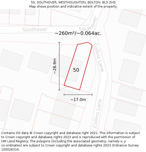 50, SOUTHOVER, WESTHOUGHTON, BOLTON, BL5 2HS: Plot and title map