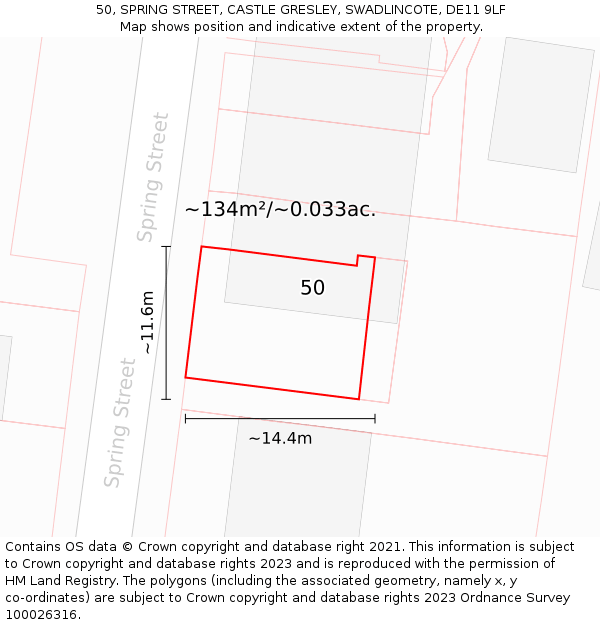 50, SPRING STREET, CASTLE GRESLEY, SWADLINCOTE, DE11 9LF: Plot and title map