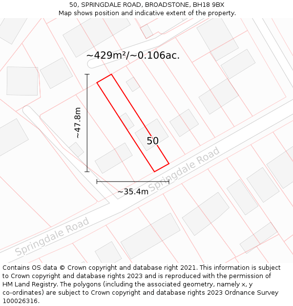 50, SPRINGDALE ROAD, BROADSTONE, BH18 9BX: Plot and title map