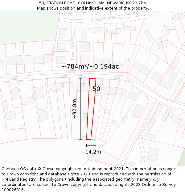 50, STATION ROAD, COLLINGHAM, NEWARK, NG23 7RA: Plot and title map