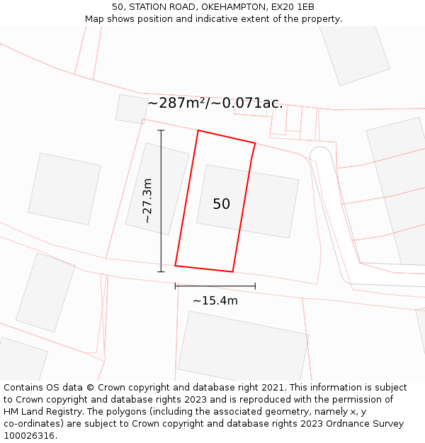 50, STATION ROAD, OKEHAMPTON, EX20 1EB: Plot and title map