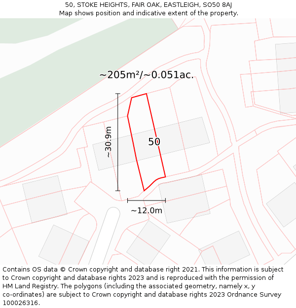 50, STOKE HEIGHTS, FAIR OAK, EASTLEIGH, SO50 8AJ: Plot and title map