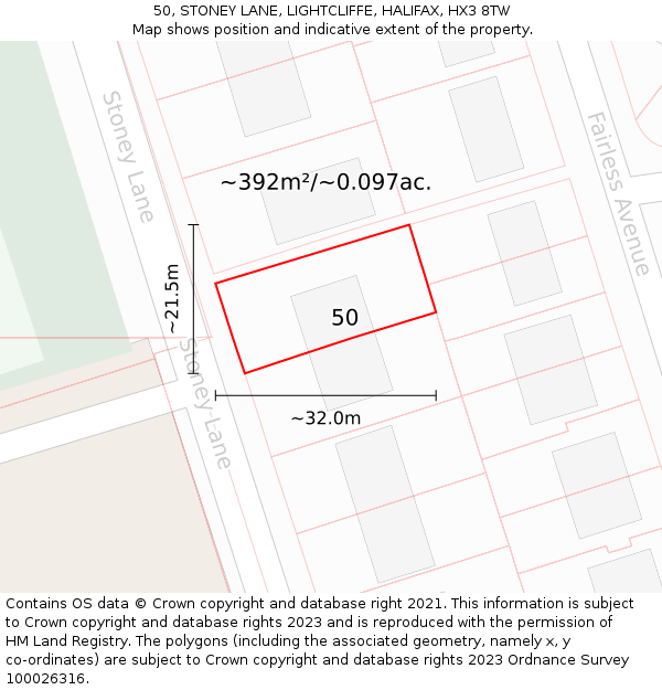 50, STONEY LANE, LIGHTCLIFFE, HALIFAX, HX3 8TW: Plot and title map