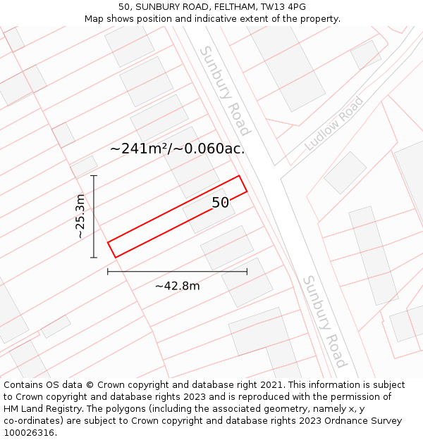 50, SUNBURY ROAD, FELTHAM, TW13 4PG: Plot and title map