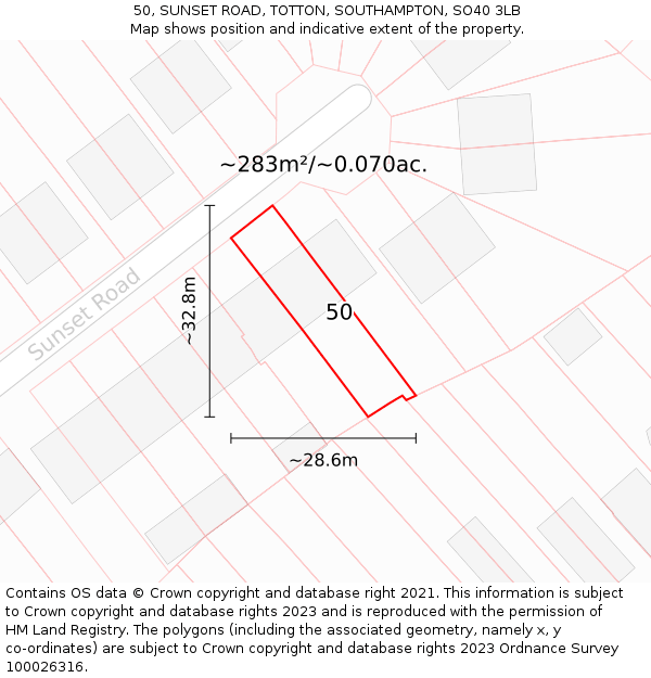 50, SUNSET ROAD, TOTTON, SOUTHAMPTON, SO40 3LB: Plot and title map