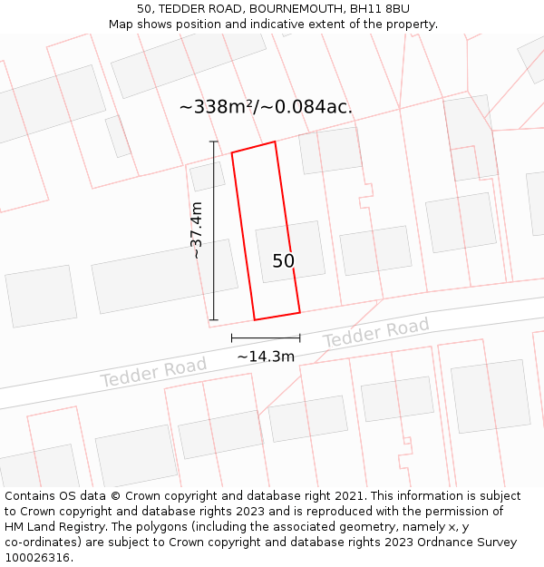 50, TEDDER ROAD, BOURNEMOUTH, BH11 8BU: Plot and title map