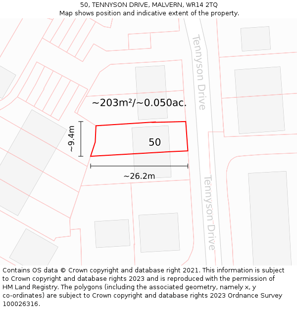 50, TENNYSON DRIVE, MALVERN, WR14 2TQ: Plot and title map