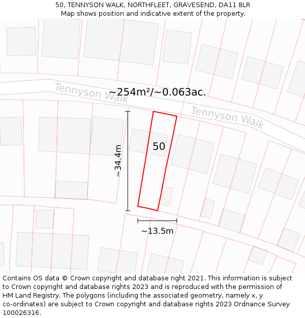 50, TENNYSON WALK, NORTHFLEET, GRAVESEND, DA11 8LR: Plot and title map