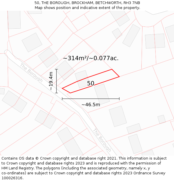 50, THE BOROUGH, BROCKHAM, BETCHWORTH, RH3 7NB: Plot and title map