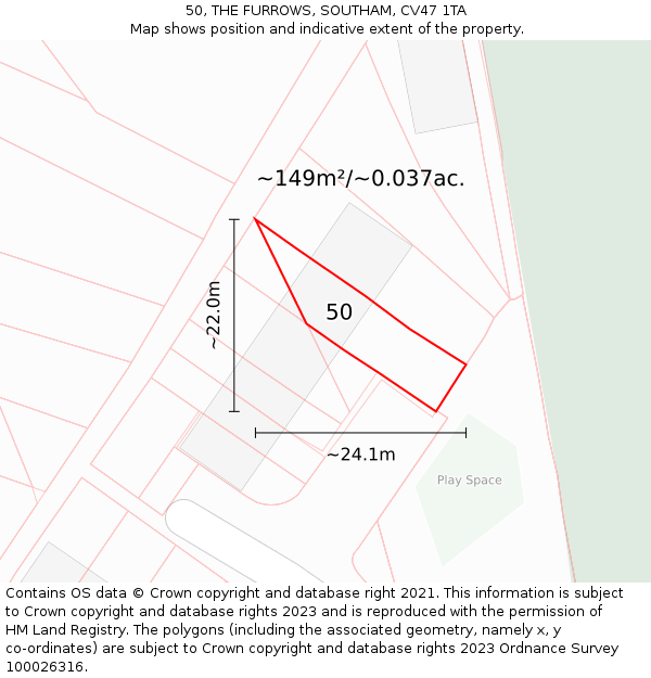 50, THE FURROWS, SOUTHAM, CV47 1TA: Plot and title map