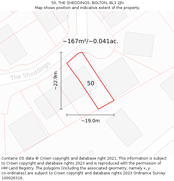 50, THE SHEDDINGS, BOLTON, BL3 2JN: Plot and title map