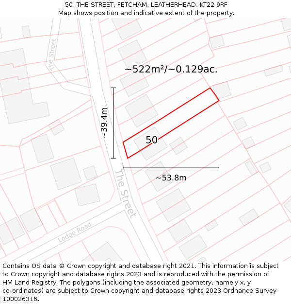 50, THE STREET, FETCHAM, LEATHERHEAD, KT22 9RF: Plot and title map