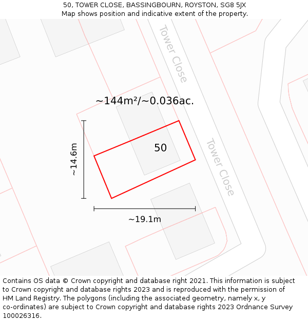 50, TOWER CLOSE, BASSINGBOURN, ROYSTON, SG8 5JX: Plot and title map