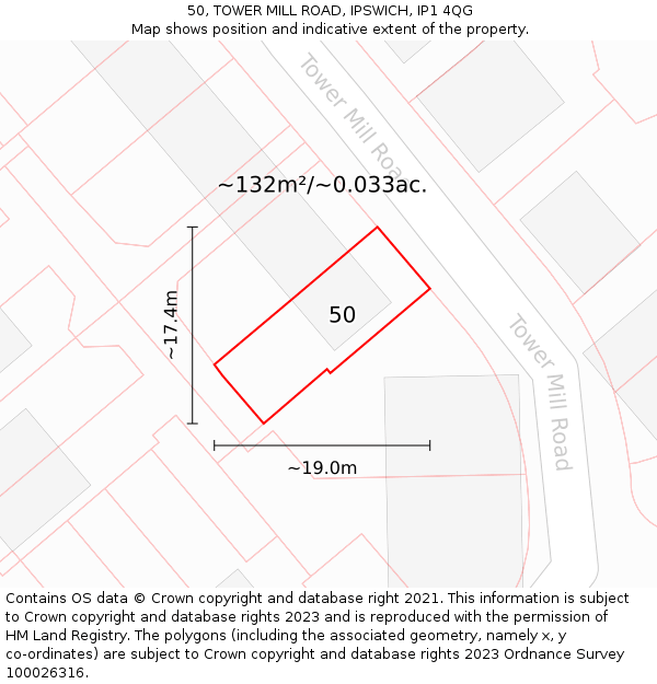 50, TOWER MILL ROAD, IPSWICH, IP1 4QG: Plot and title map