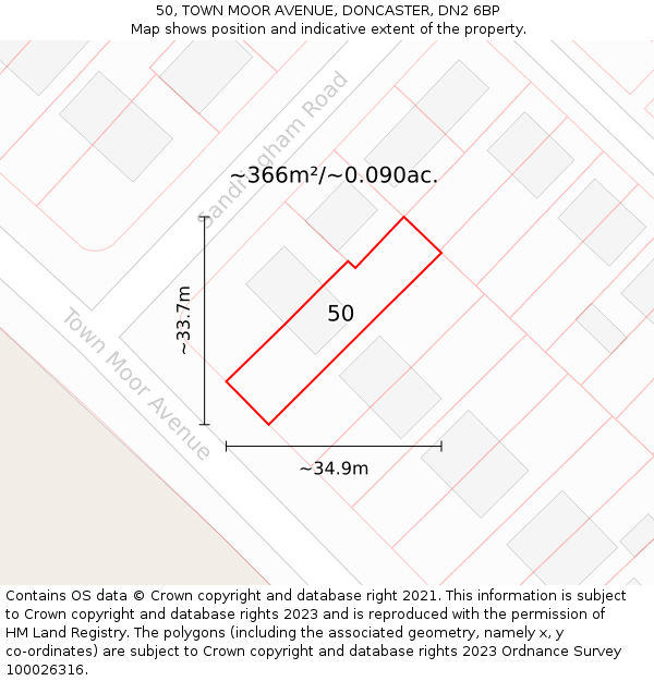 50, TOWN MOOR AVENUE, DONCASTER, DN2 6BP: Plot and title map