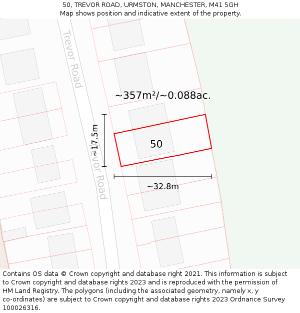 50, TREVOR ROAD, URMSTON, MANCHESTER, M41 5GH: Plot and title map