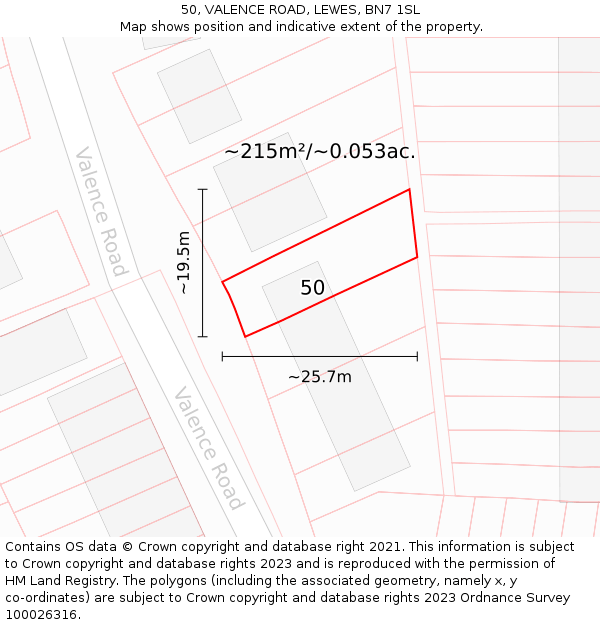 50, VALENCE ROAD, LEWES, BN7 1SL: Plot and title map