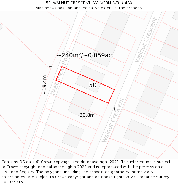 50, WALNUT CRESCENT, MALVERN, WR14 4AX: Plot and title map