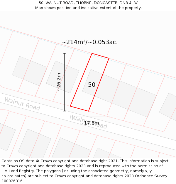 50, WALNUT ROAD, THORNE, DONCASTER, DN8 4HW: Plot and title map