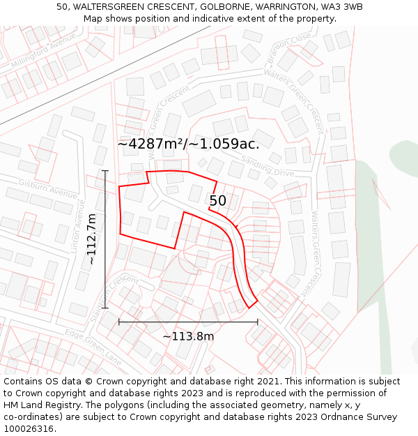 50, WALTERSGREEN CRESCENT, GOLBORNE, WARRINGTON, WA3 3WB: Plot and title map