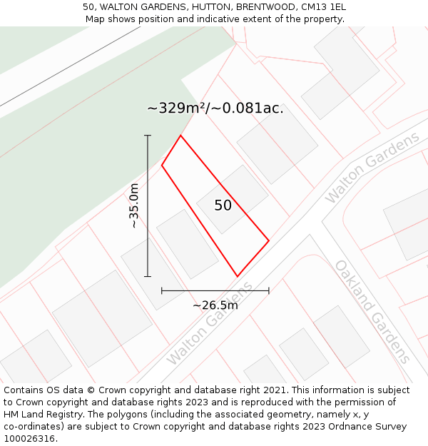 50, WALTON GARDENS, HUTTON, BRENTWOOD, CM13 1EL: Plot and title map