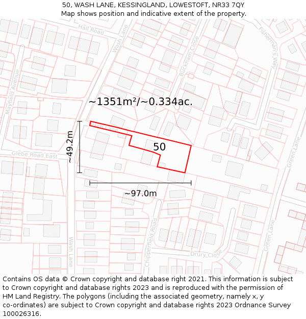 50, WASH LANE, KESSINGLAND, LOWESTOFT, NR33 7QY: Plot and title map