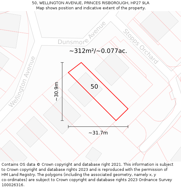 50, WELLINGTON AVENUE, PRINCES RISBOROUGH, HP27 9LA: Plot and title map