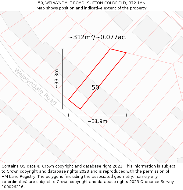 50, WELWYNDALE ROAD, SUTTON COLDFIELD, B72 1AN: Plot and title map